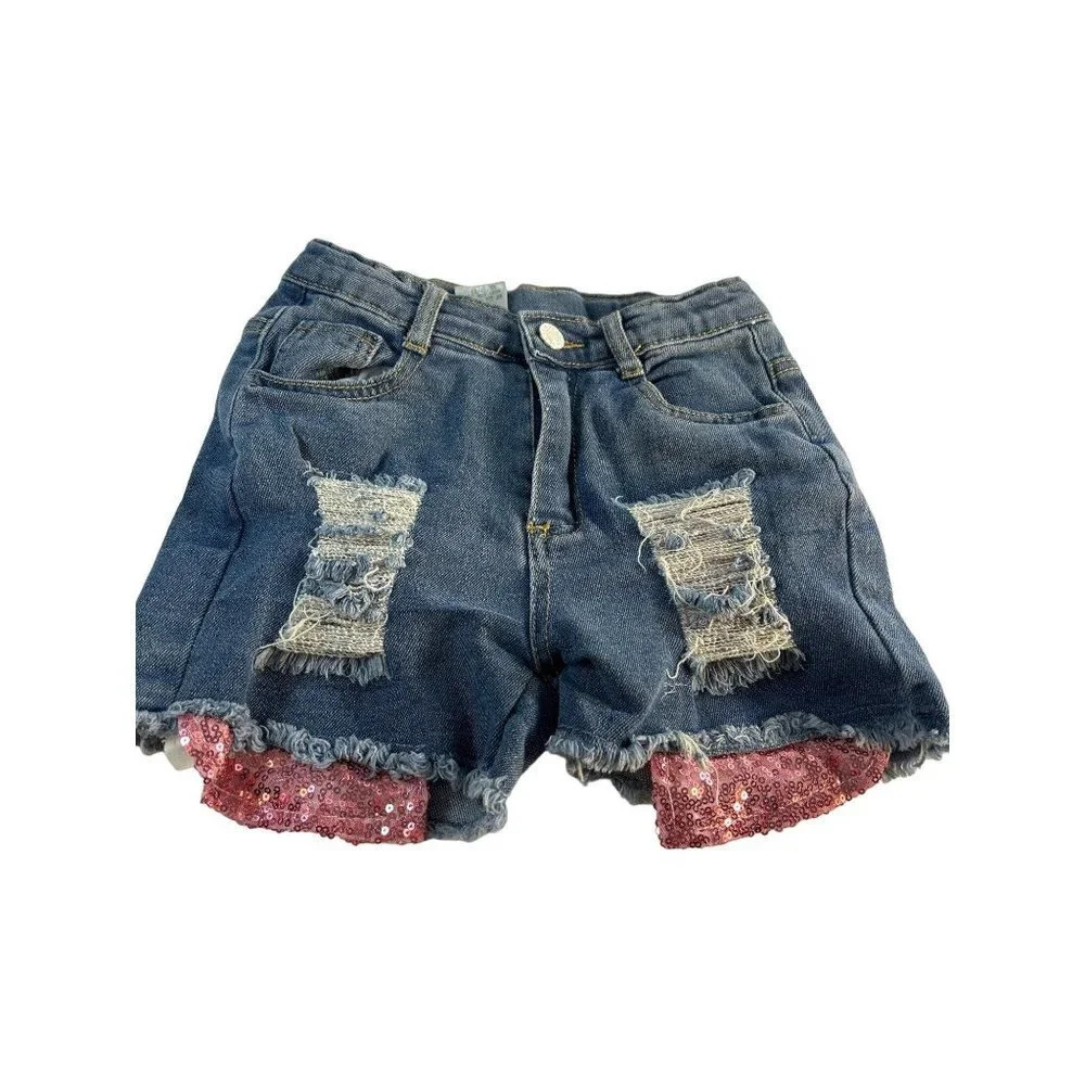 Girls Jean Shorts Destroyed Sequined Accents Adjustable Waist Size 8